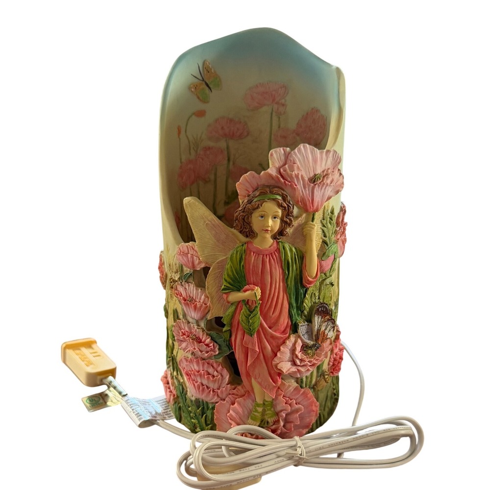 Vintage Garden Fairy Poppy Flower Resin Accent Lamp Pink Butterfly Fantasy Decor